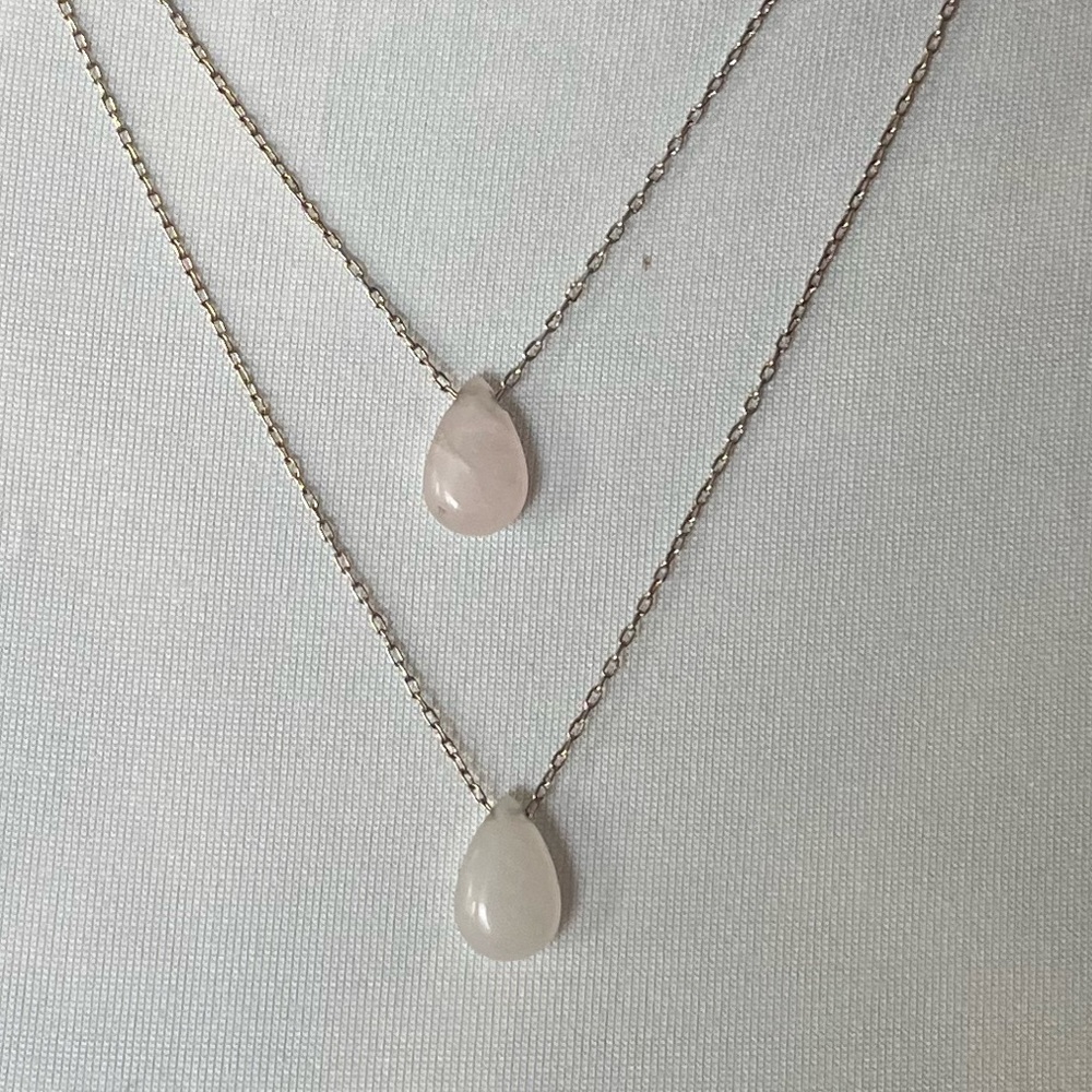 Layered Silver Necklace with Tiered Pale Pink Gemstone Pendants
